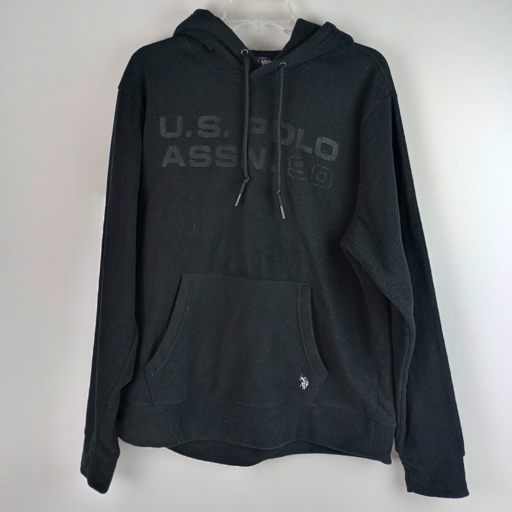 U.S. Polo Assn Mens L Black Fleece Pullover Logo Graphic Hooded Pocket Hoodie